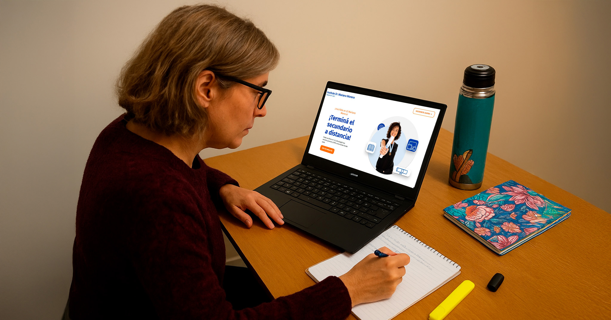Mujer sentada en la computadora terminando el secundario y multiplicando ingresos.
